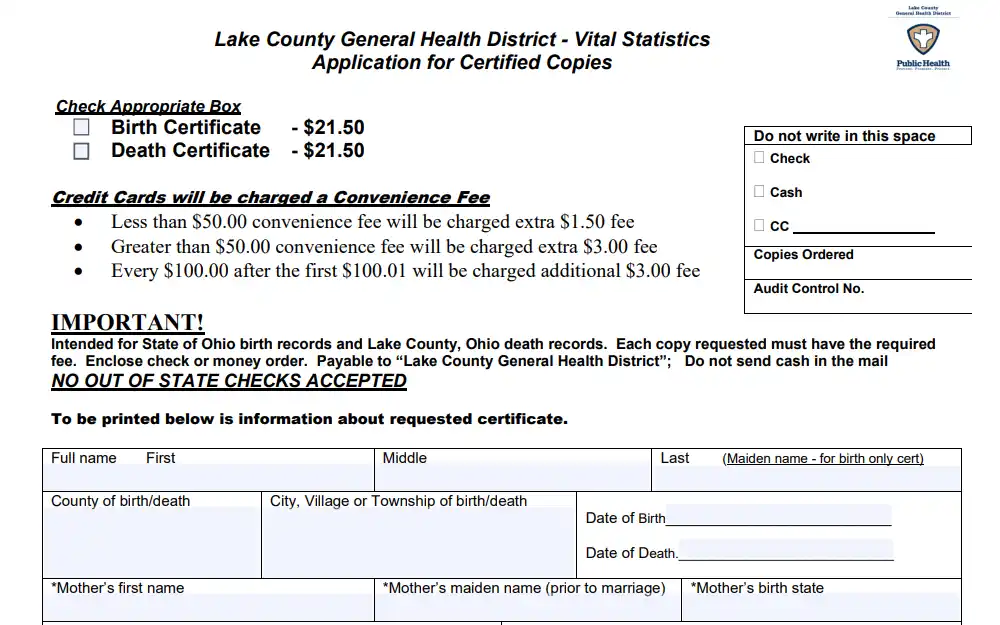 A screenshot shows the form for applying certified copies of birth and death documents in Lake County General Health District, where the requester must complete the required fields to search, including the corresponding amount for each document type.
