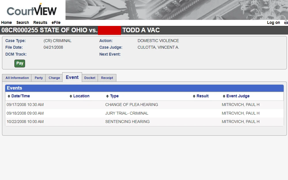 A screenshot of case details from the Lake County, Ohio Clerk of Courts displays information such as party name, case type, file date, DCM track, action, case judge and event information. 