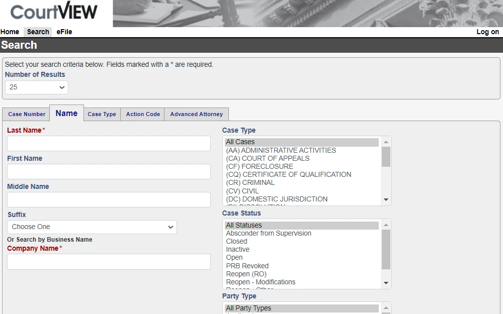 A screenshot of the search page from the Lake County Clerk of Courts website (CourtVIEW) displays various lookup options, including case number, name, case type, action code, and advanced attorney; to search by name, users are required to enter the offender's last name or company name, followed by selecting the case type, case status, and party type.