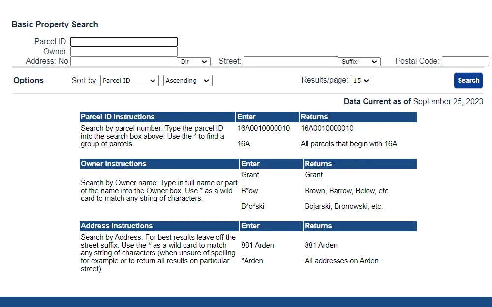 A screenshot of the basic property search form from the Lake County, Ohio Auditor's website, where users can search by parcel ID, owner name, or address and select sorting options and the number of results to display per page.