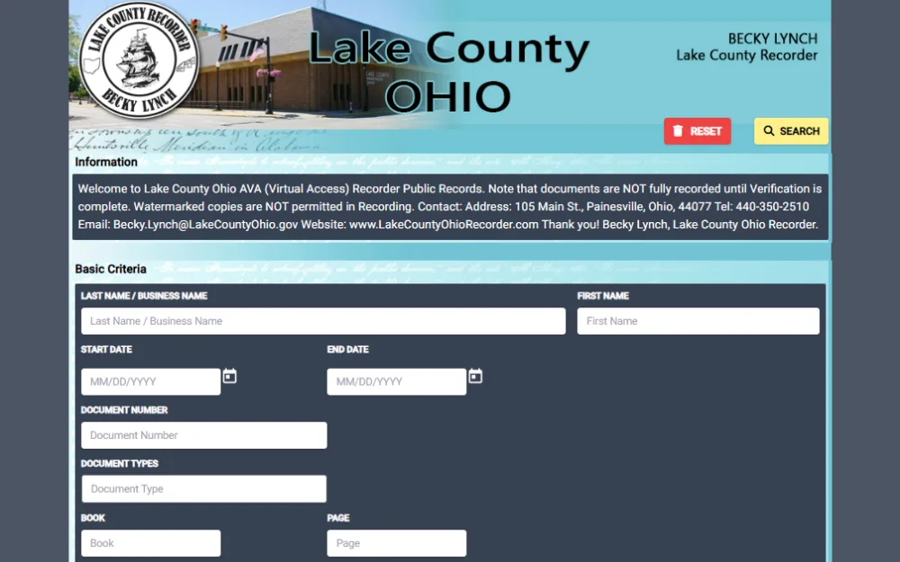 A screenshot of the Lake County Recorder's property search page displays the basic search criteria and the County Recorder's logo in the top left corner.