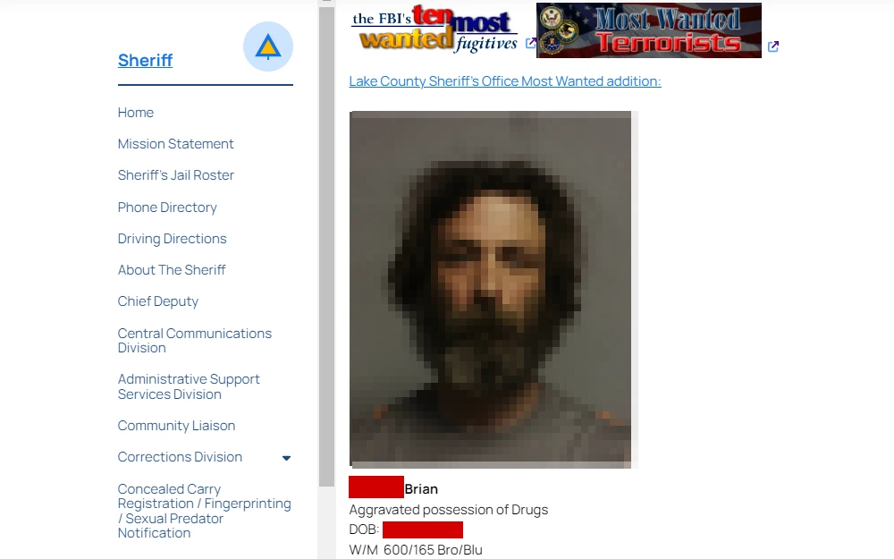 A screenshot of a wanted individual, including their full name, date of birth, physical attributes, and offense information, as posted on the Lake County Sheriff's Office page.