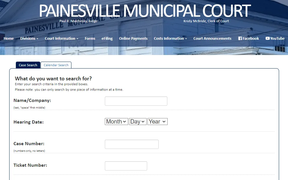 A screenshot of the case search page from the Painesville Municipal Court website where searchers must input the name/company, case number, or hearing date to search.