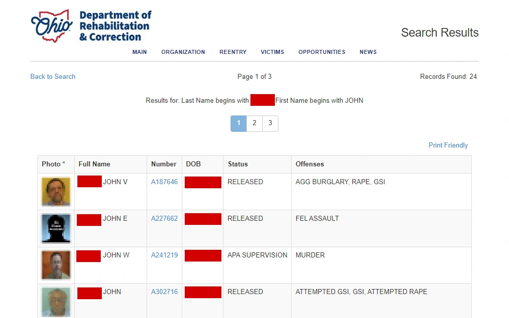 A screenshot of the offenders lists from the Ohio Department of Rehabilitation & Correction page with their mugshots, full name, inmate number, date of birth, status and offense information.