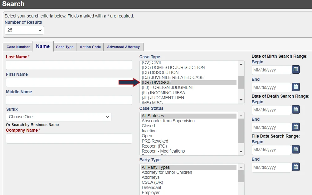 A screenshot of the name search feature of CourtView from Lake County Clerk of Courts shows the name fields and the options for case type, status, and party type.