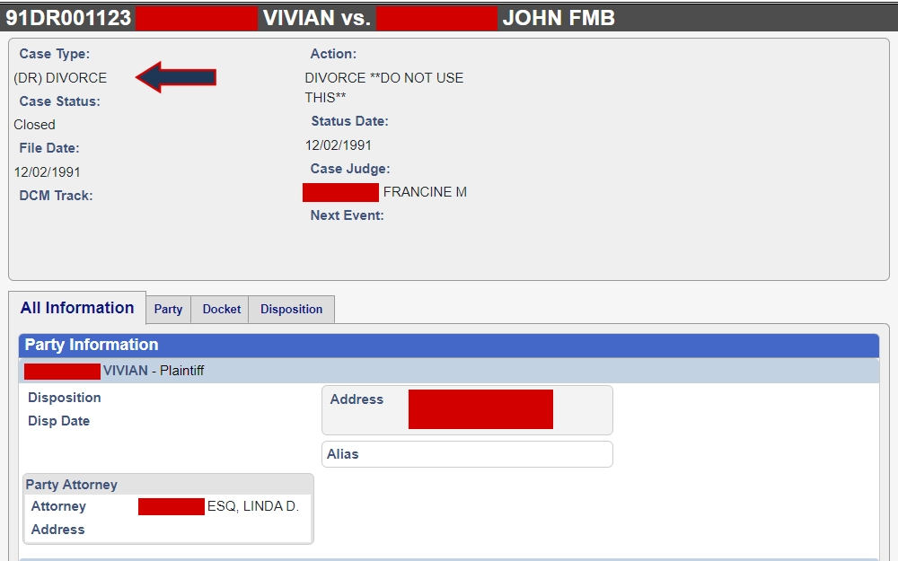 Screenshot of the details of a divorce case, displaying the case number, title, type, status, judge, action, important event dates, and party information.