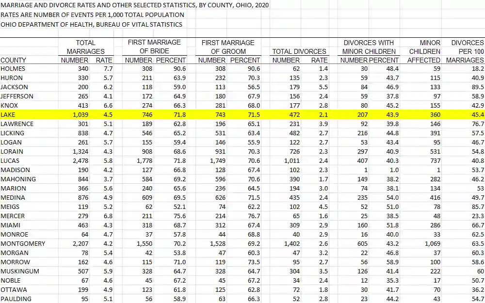A screenshot of the marriage and divorce index for 2020, listing the numbers, rates, and percentages per the data, with the details about Lake County highlighted.