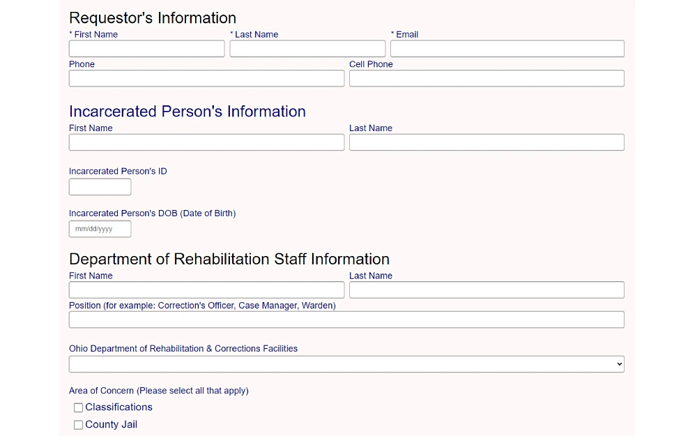 A screenshot showing a requestor's information with details to fill out such as first and last name, email address, phone number, cell phone number, incarcerated person's information and others.