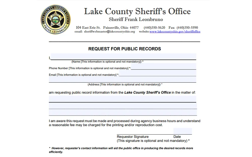 A screenshot showing a request for public records with details to fill out such as name, phone number, email address, requestor's signature, date and others.