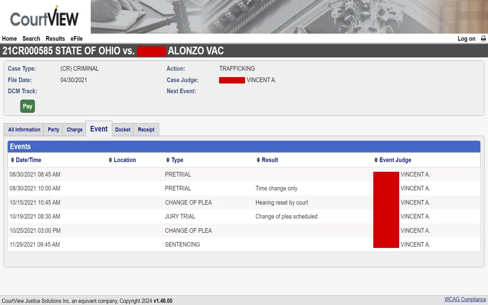 A screenshot of case details from the Lake County, Ohio Clerk of Courts displays information such as party name, case type, file date, DCM track, action, case judge and event information.