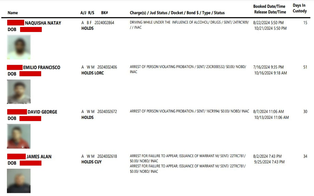 A screenshot from the Lake County Sheriff’s Office showing a jail roster with information displaying arrest images, name, date of birth, booking number, charges, status, release, and booking date and time.