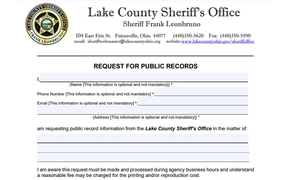 A screenshot of a public request form with details to be filled in, such as name, phone number, email address and address, from the Lake County Sheriff’s Office website.