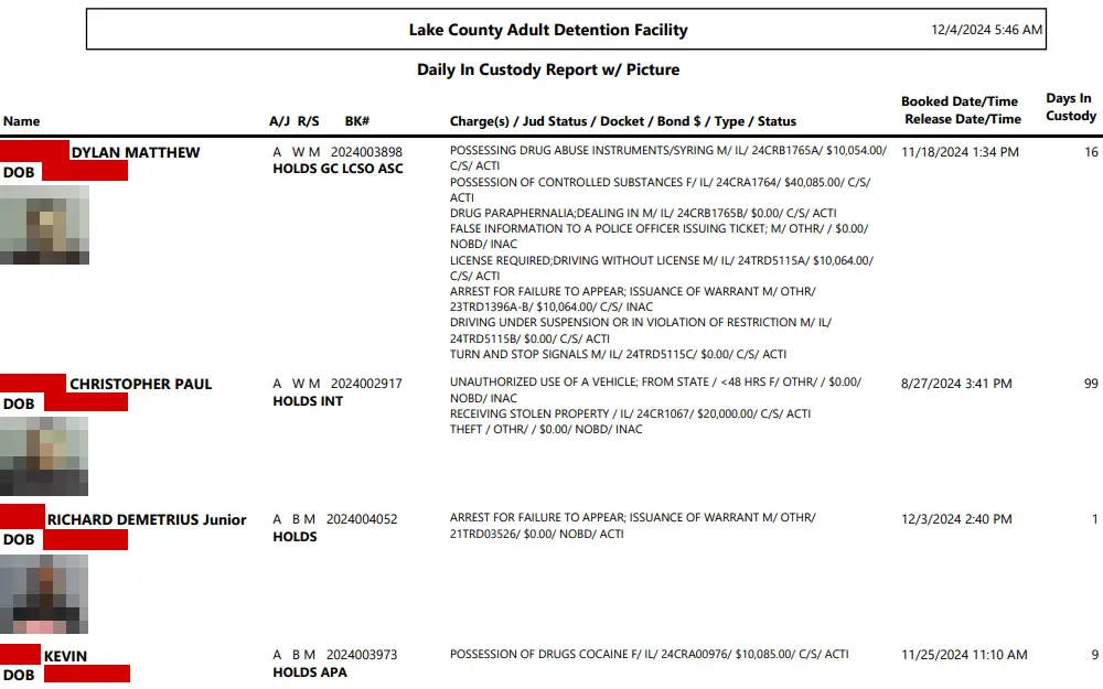 A screenshot from the Lake County Sheriff’s Office showing a jail roster with information displaying arrest images, name, date of birth, booking number, charges, status, release, and booking date and time.